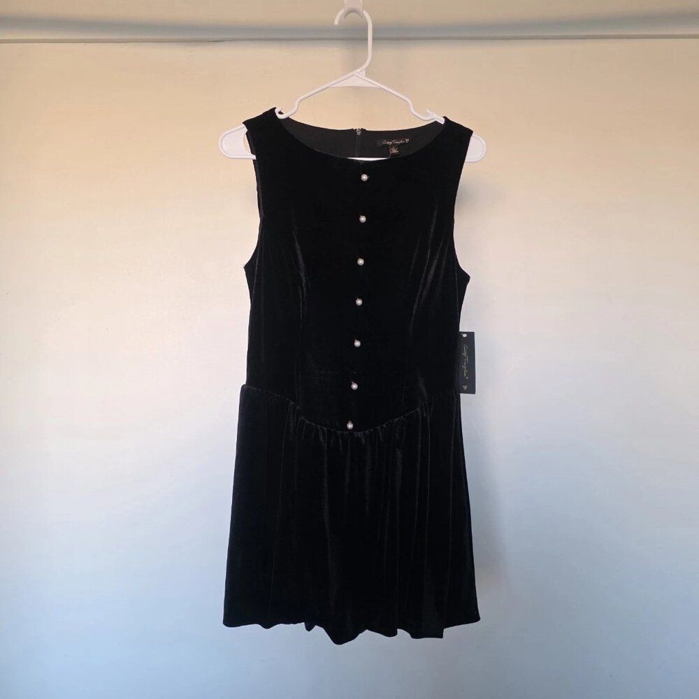 City Triangles Womens L Black Velvet Mini Dress Sleeveless Pearl Buttons NWT